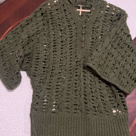 Free People Boho Cottagecore Crochet Olive Hooded Sweater | Dolman Earthy Knit - Picture 7 of 15